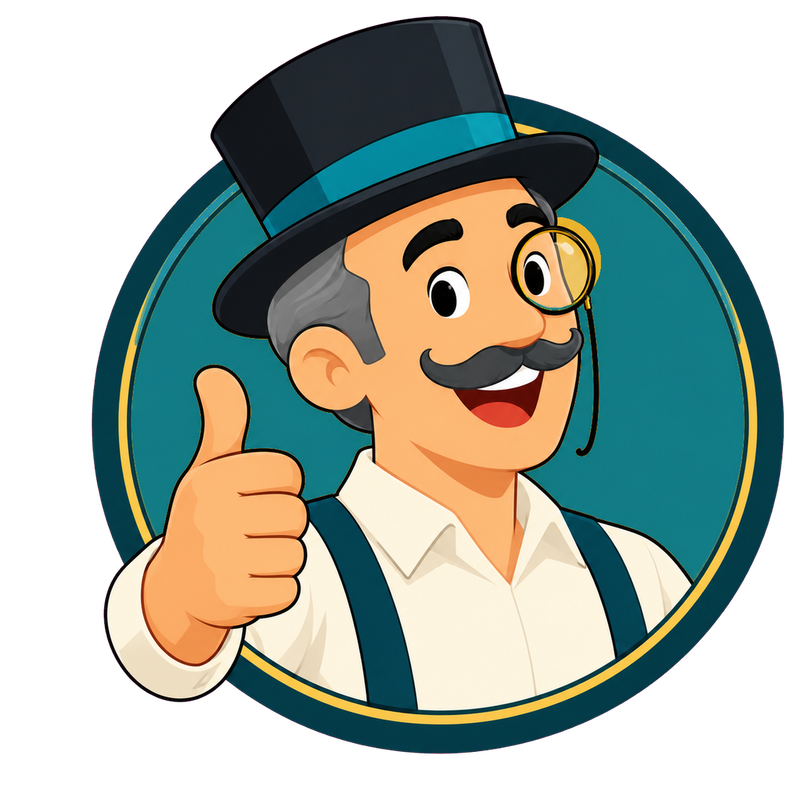 The EconomyTutor mascot: a cheerful gentleman with top hat, monocle and moustache giving a thumbs-up